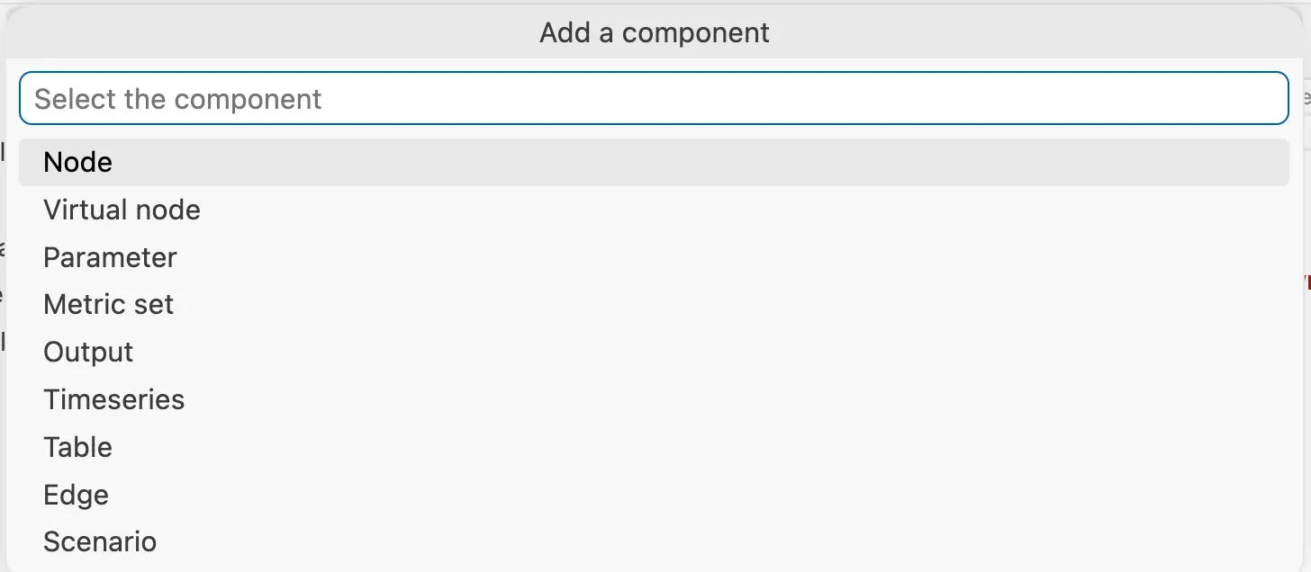 The Add a component command listing the kinds of component to add: node, edge, parameter and the others.