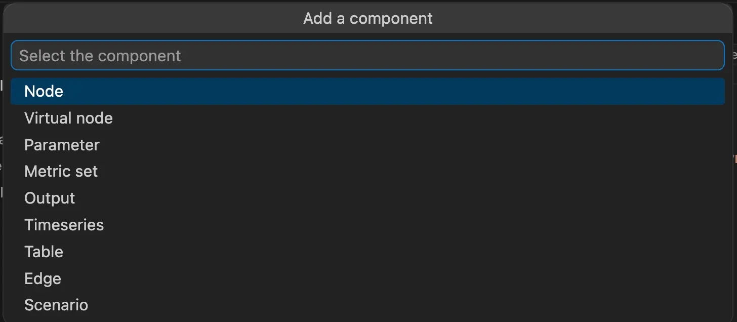 The Add a component command listing the kinds of component to add: node, edge, parameter and the others.