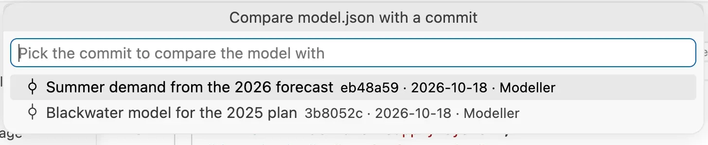 The list of the commits of model.json, each with its message, its short hash, its date and its author.