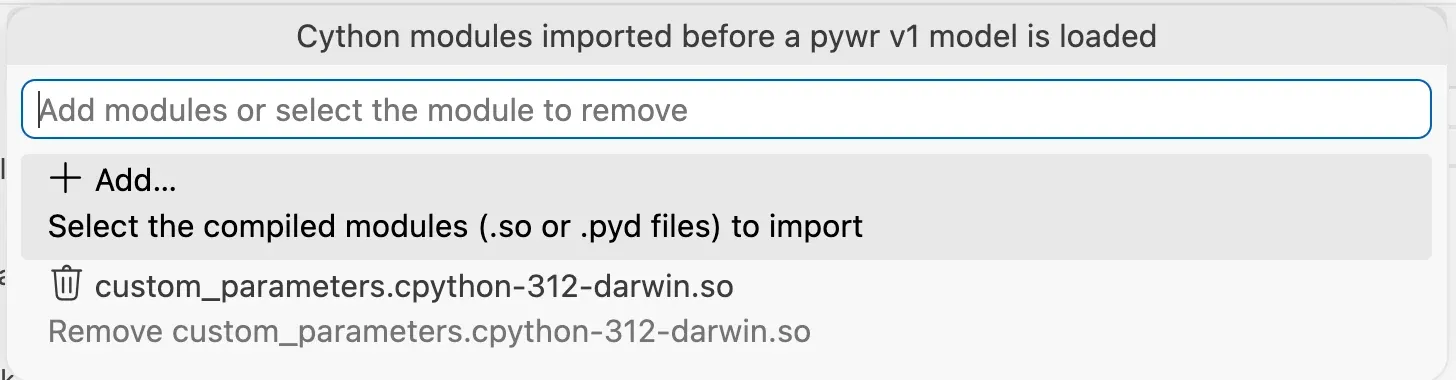 The list of the Cython modules: an Add item, and one module with its path, which is removed when selected.