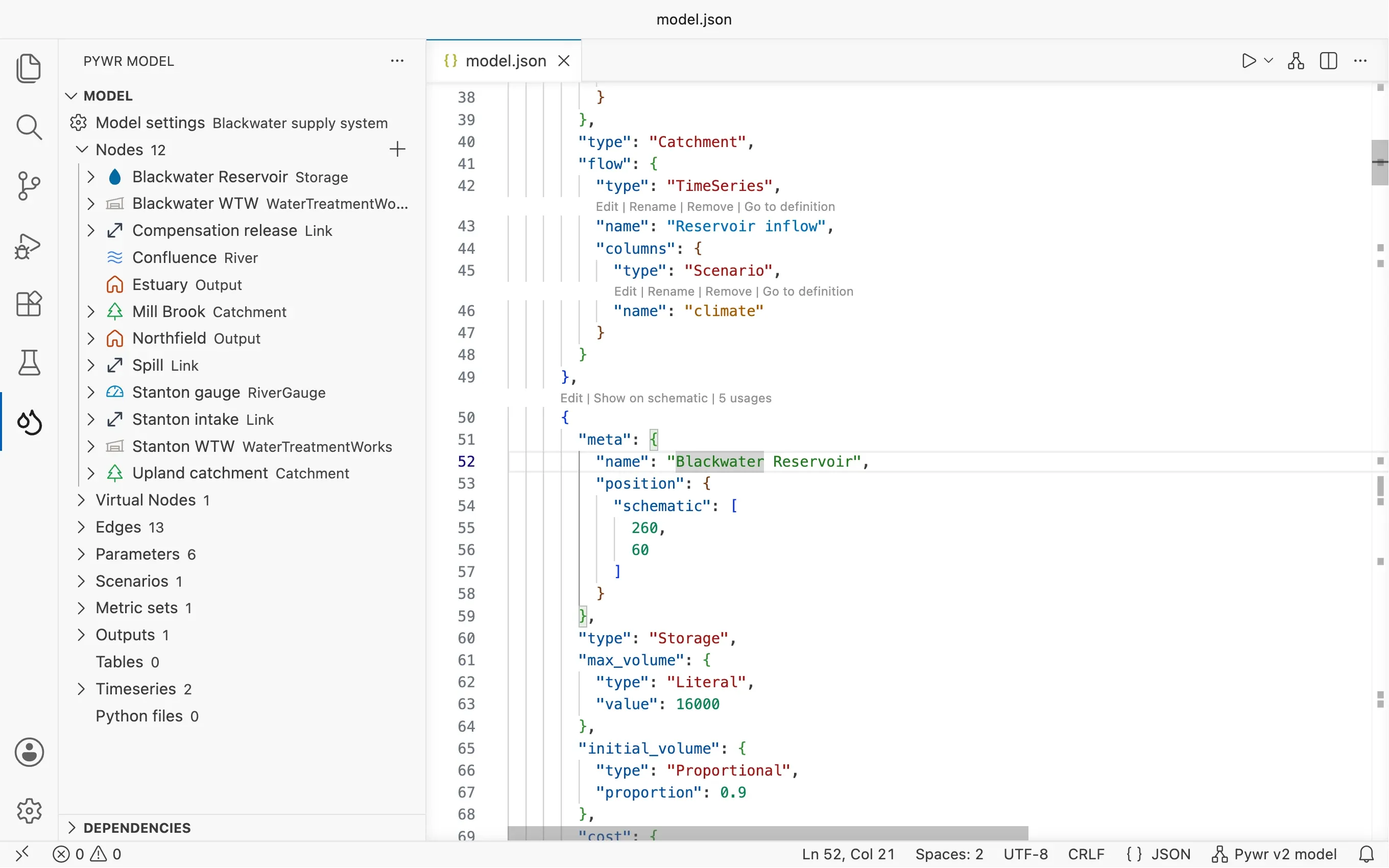 A Pywr v2 model open in VS Code: the sidebar lists its nodes, links above each component offer to edit it, and the status bar reads Pywr v2 model.
