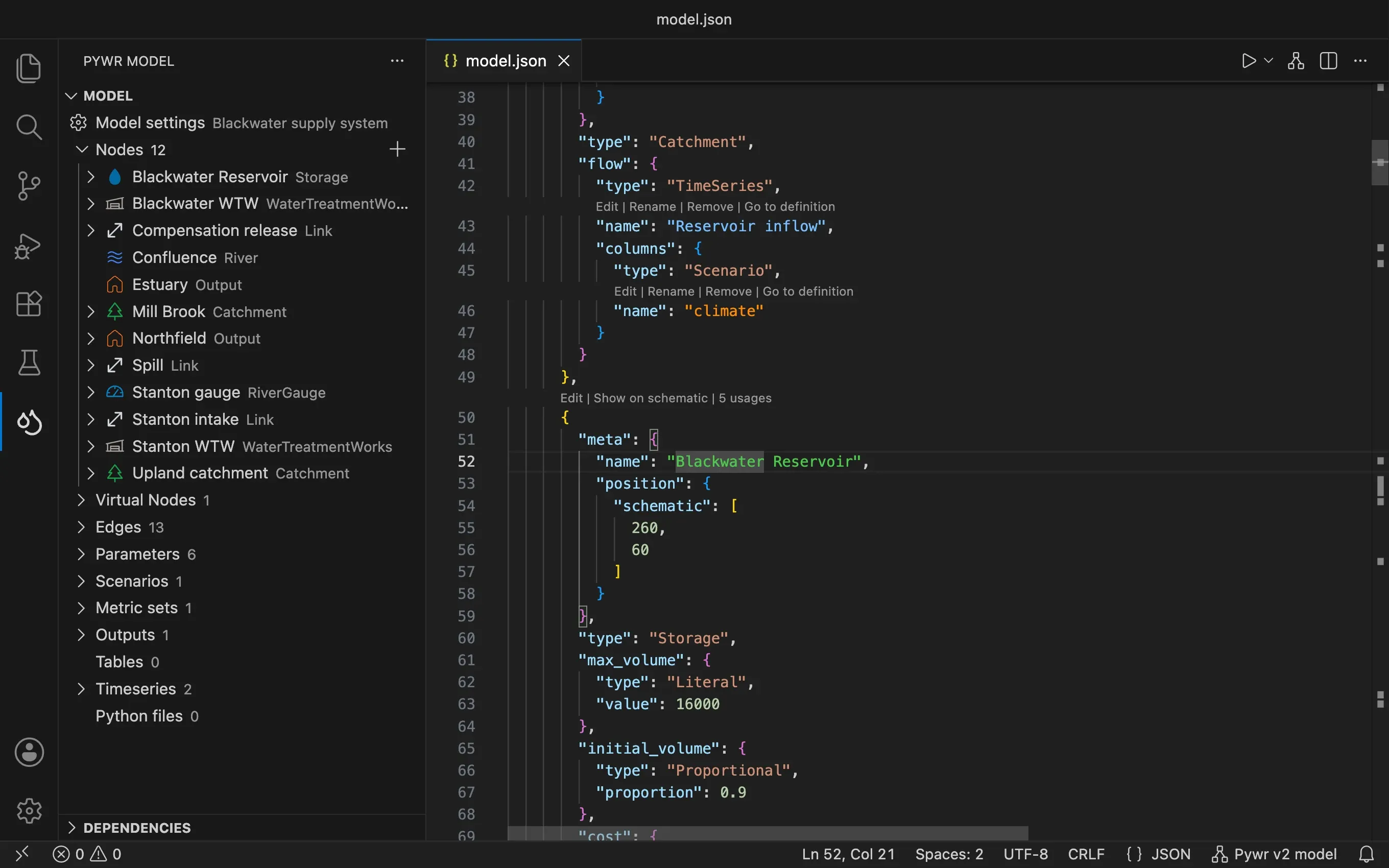 A Pywr v2 model open in VS Code: the sidebar lists its nodes, links above each component offer to edit it, and the status bar reads Pywr v2 model.