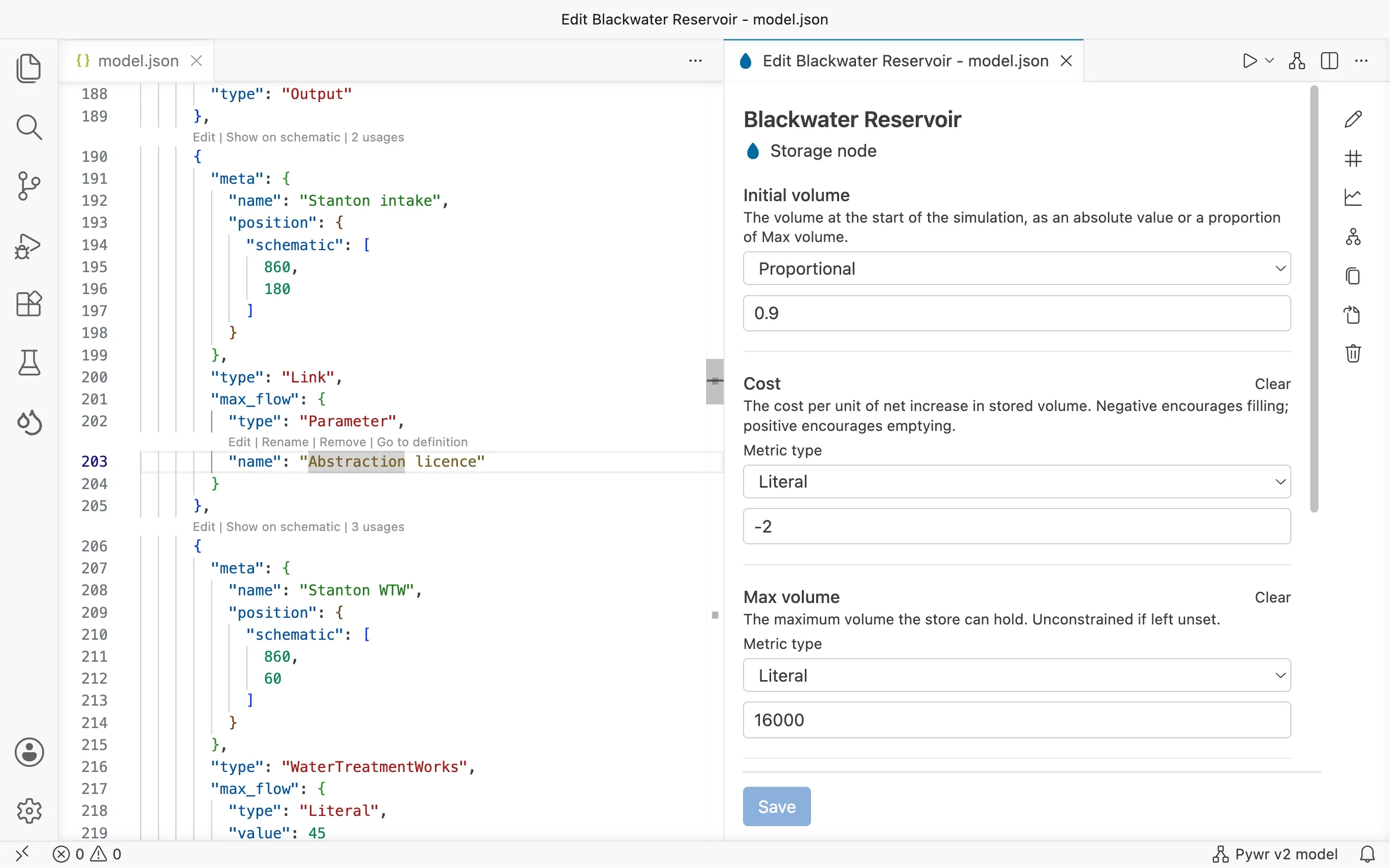 The form of a storage node next to the JSON file: fields for the initial volume and the cost, and a toolbar of actions on the right.