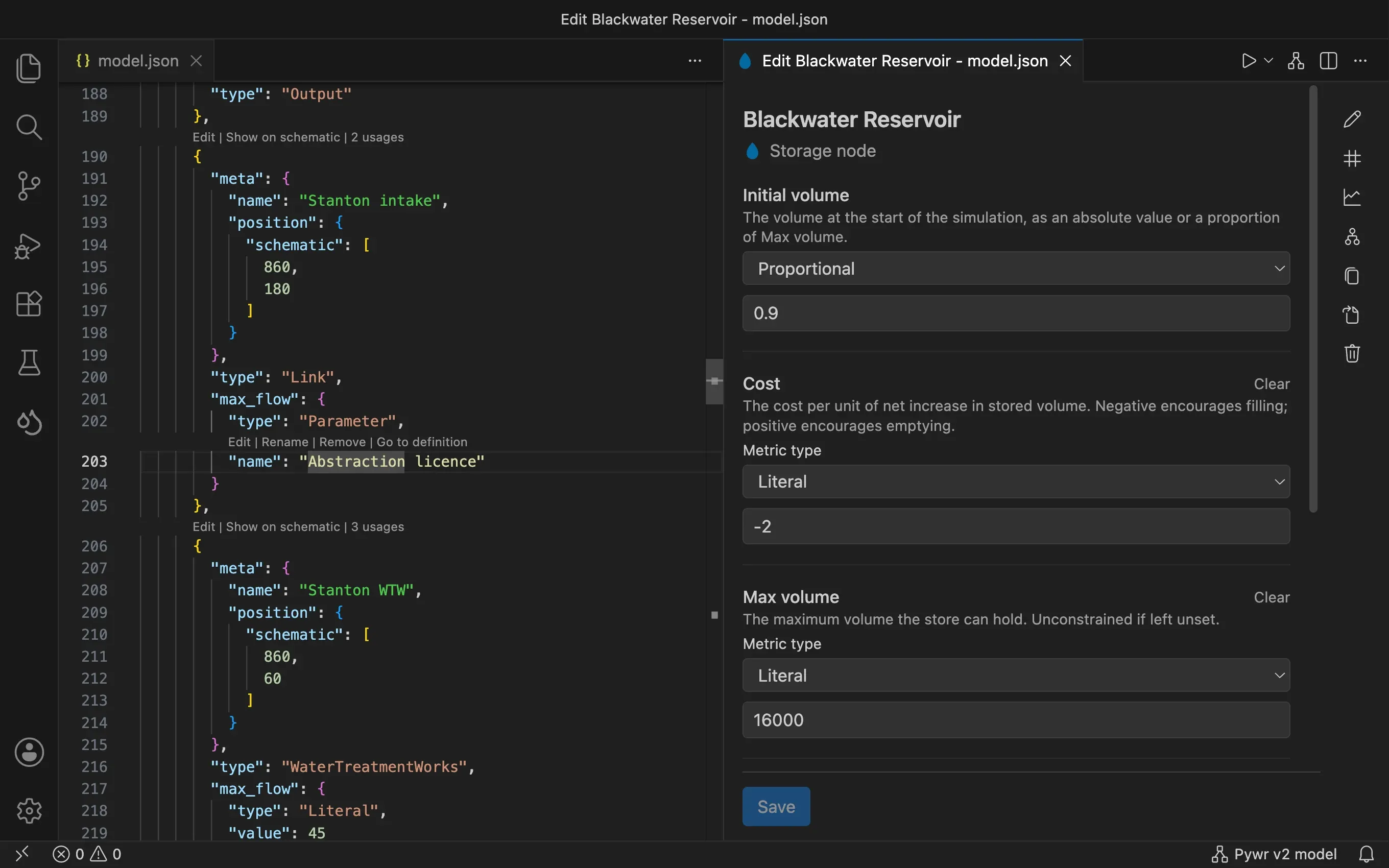 The form of a storage node next to the JSON file: fields for the initial volume and the cost, and a toolbar of actions on the right.