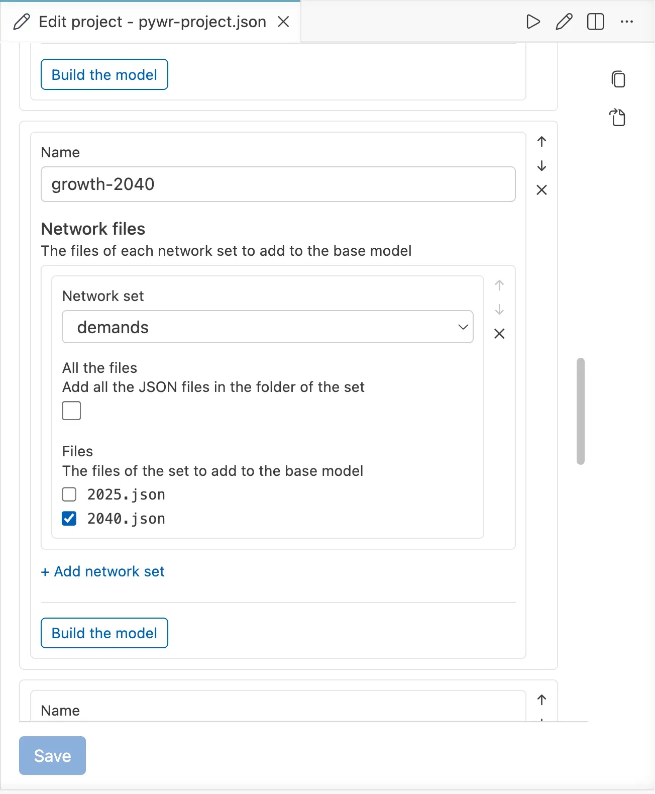 The form of a project showing the definition growth-2040: its name, the network set demands with the file 2040.json ticked and 2025.json unticked, and the Build the model button.