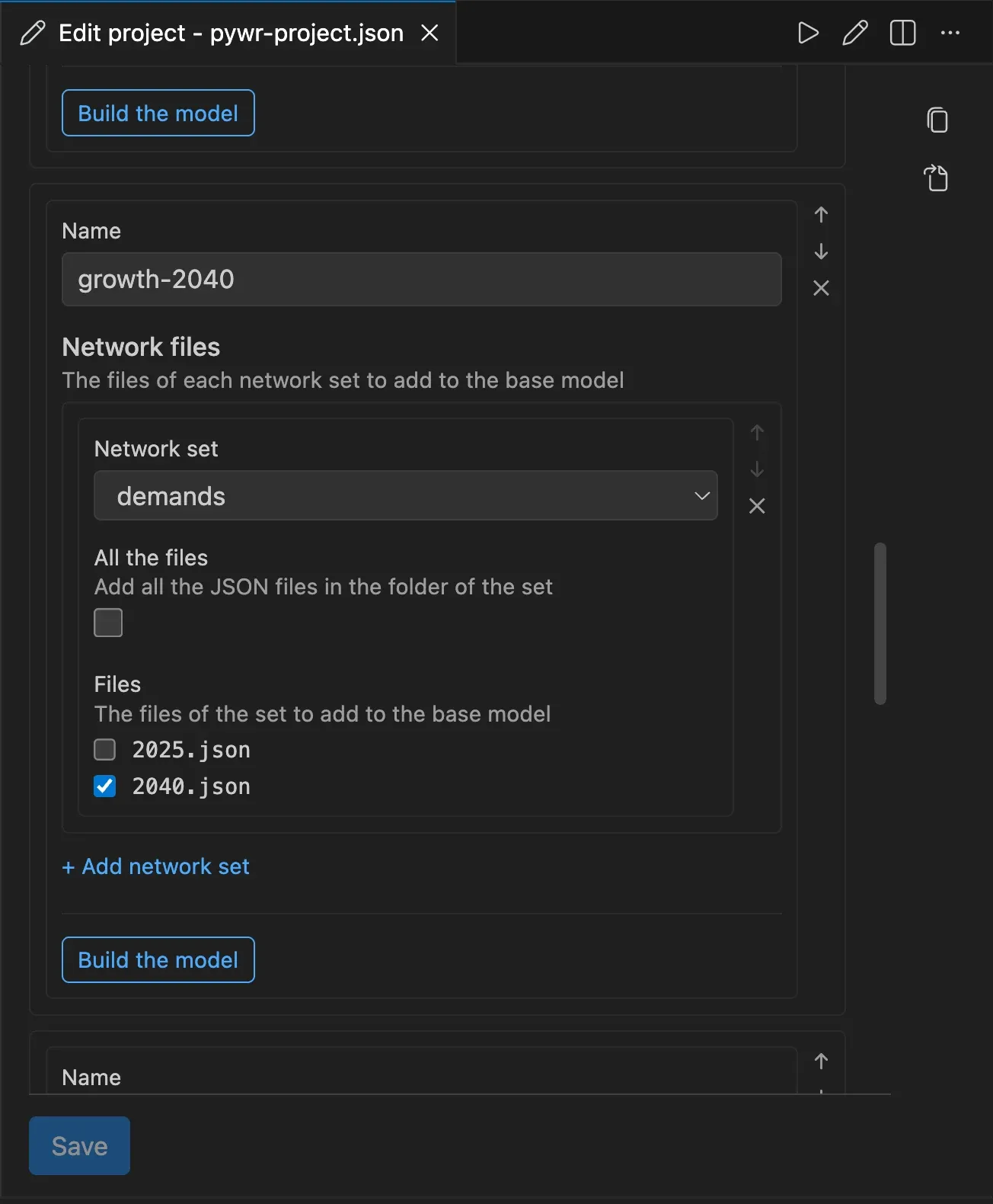 The form of a project showing the definition growth-2040: its name, the network set demands with the file 2040.json ticked and 2025.json unticked, and the Build the model button.