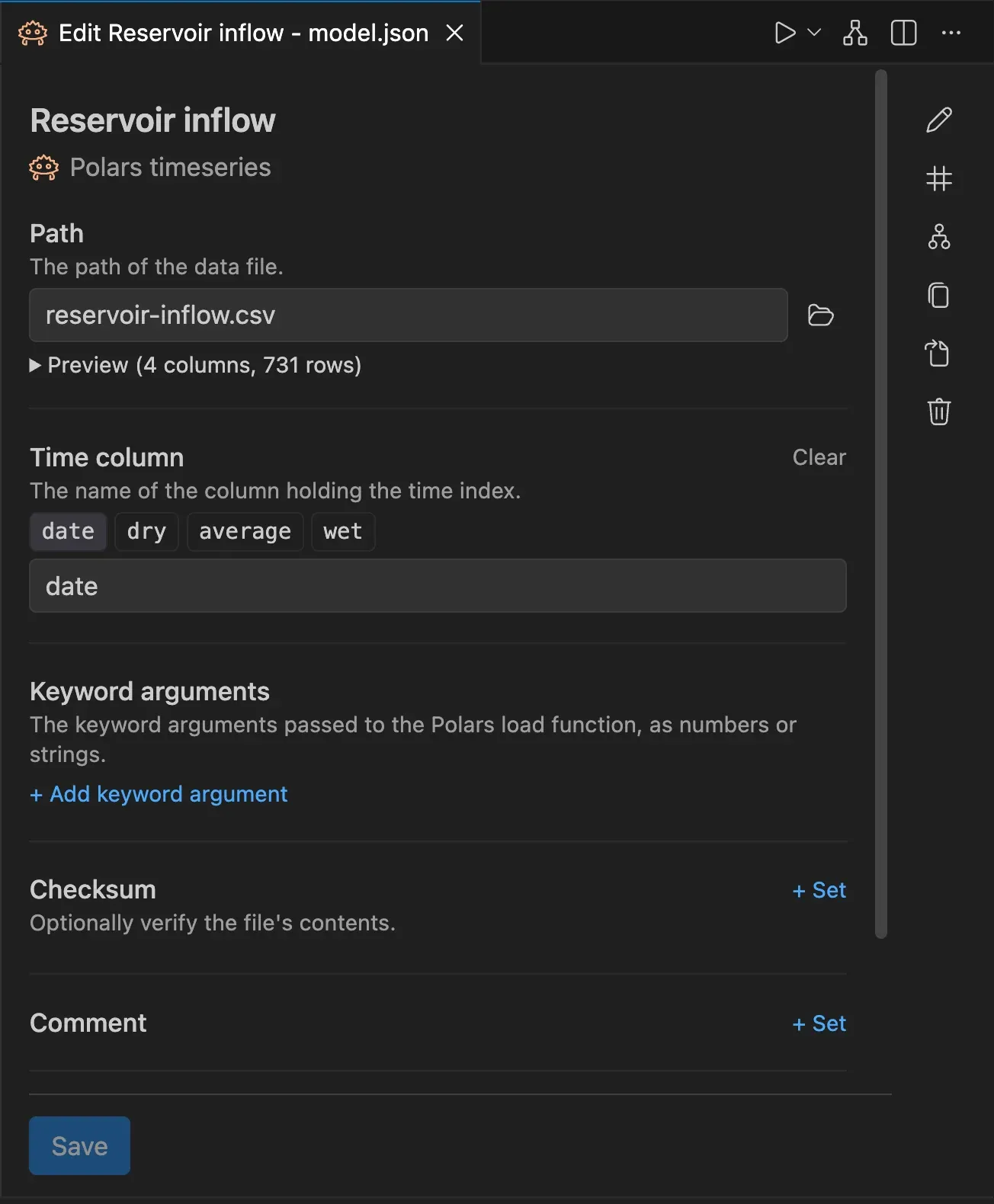 The form of a timeseries that reads a CSV file, with a preview of the first rows and a chart of the columns.