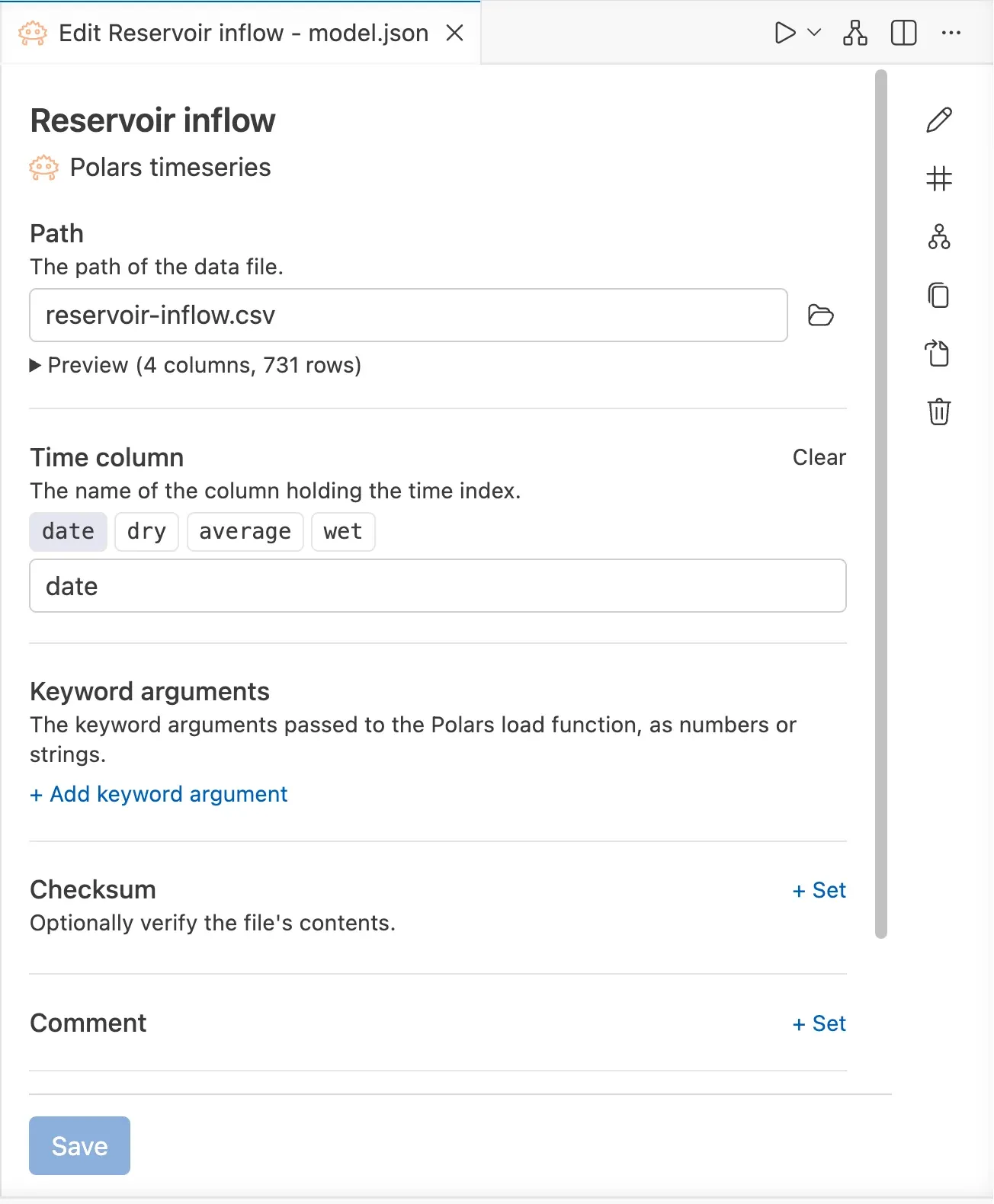 The form of a timeseries that reads a CSV file, with a preview of the first rows and a chart of the columns.