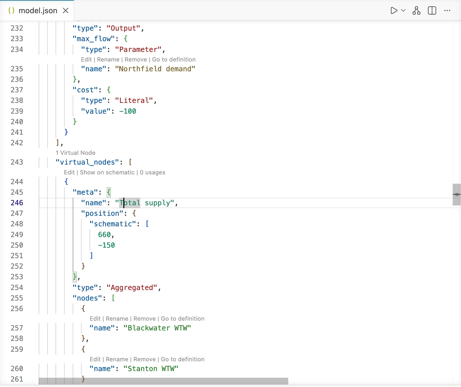 The JSON file of a model with the parameter Northfield demand in yellow in the max_flow of a node, the virtual node Total supply in teal and the nodes it aggregates, Blackwater WTW and Stanton WTW, in green.