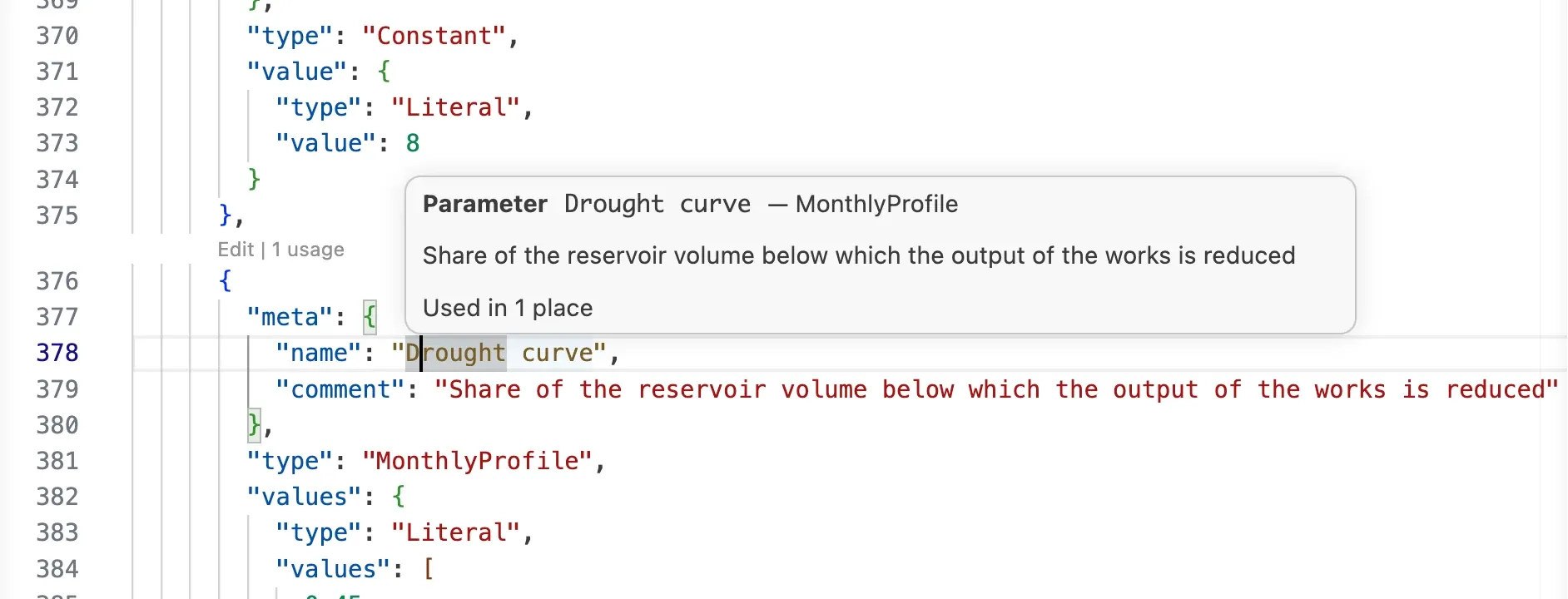 Hovering the name of a parameter shows that it is a monthly profile, its comment and that it is used in one place.