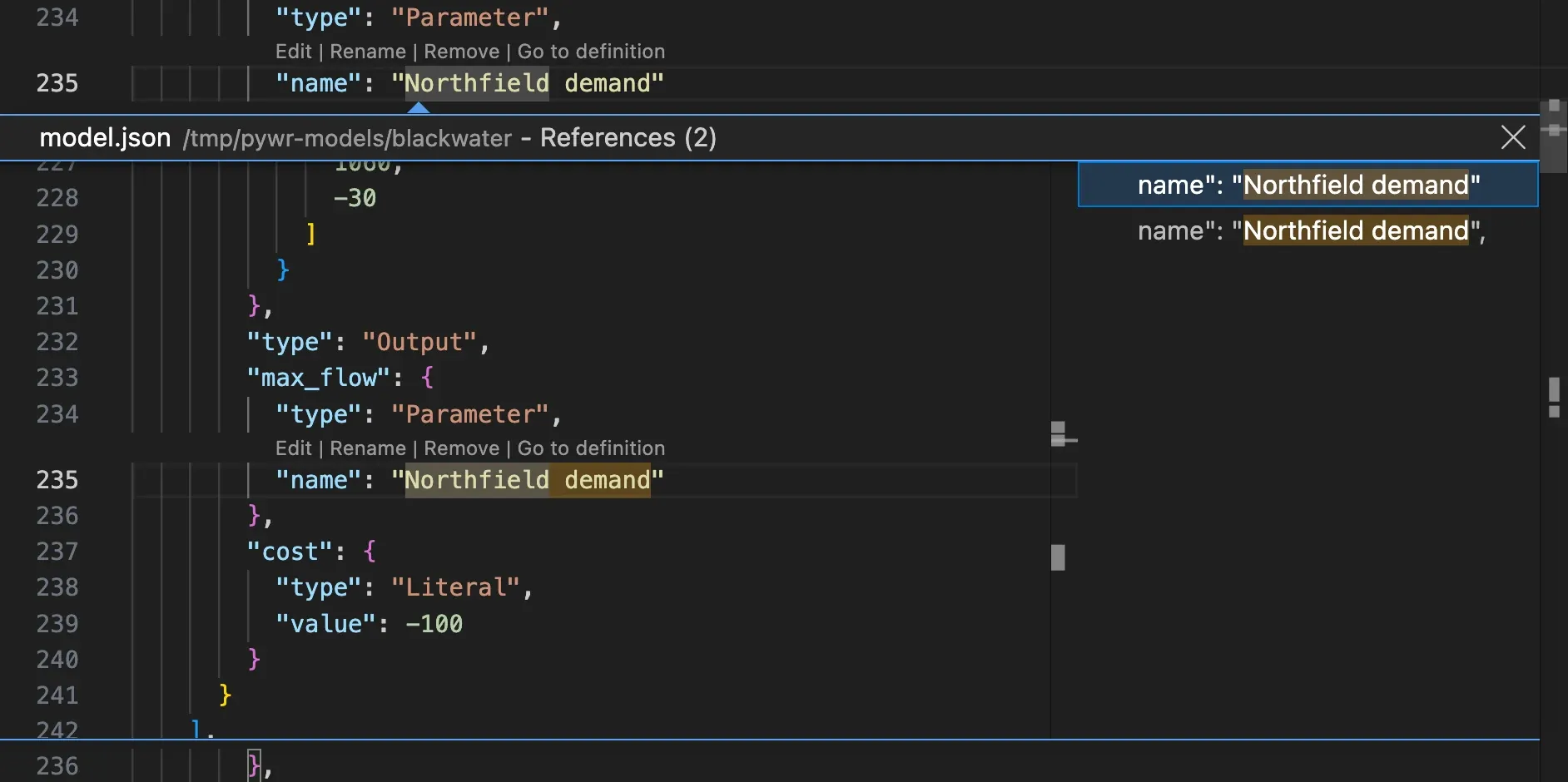 The JSON editor listing the places where a parameter is used, with a preview of each.