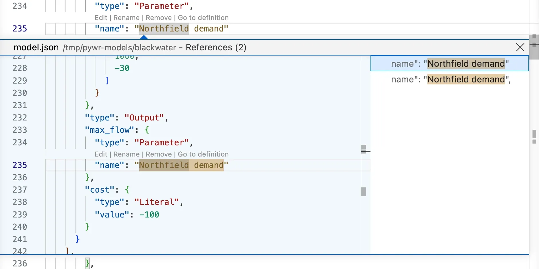 The JSON editor listing the places where a parameter is used, with a preview of each.