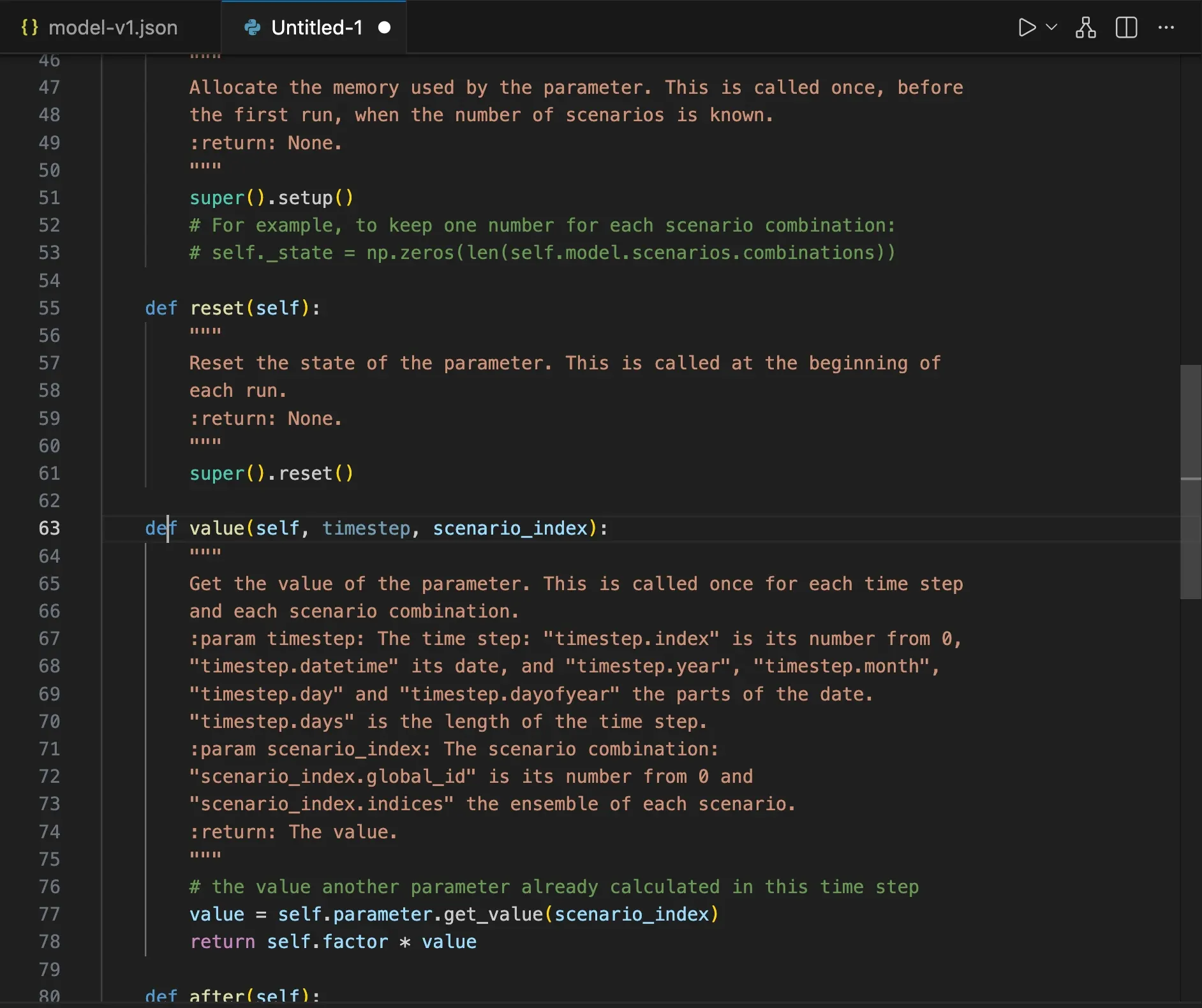 The custom parameter: the reset method and the value method, whose documentation describes the time step and the scenario index it receives.