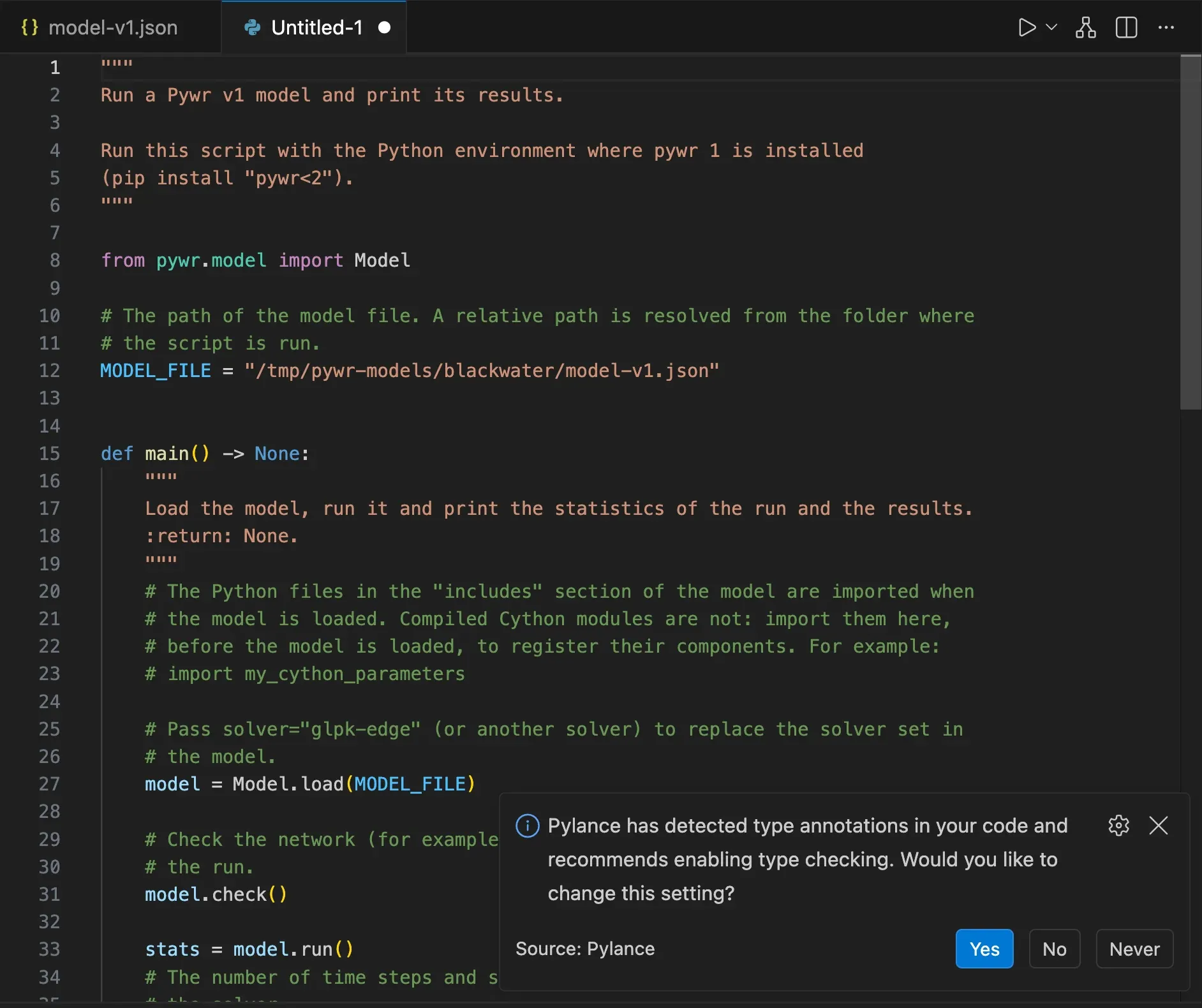 The script that runs a Pywr v1 model: the path of the open model is set in MODEL_FILE, and the main function loads the model, checks it and runs it.