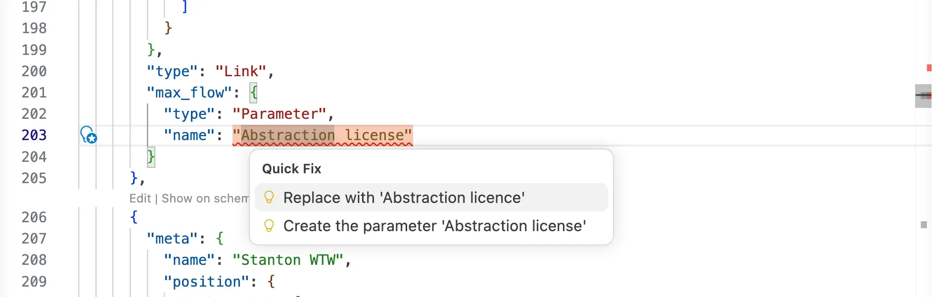 A misspelt parameter name underlined in the JSON editor, with a quick fix menu offering to replace it with the closest name or to create the parameter.