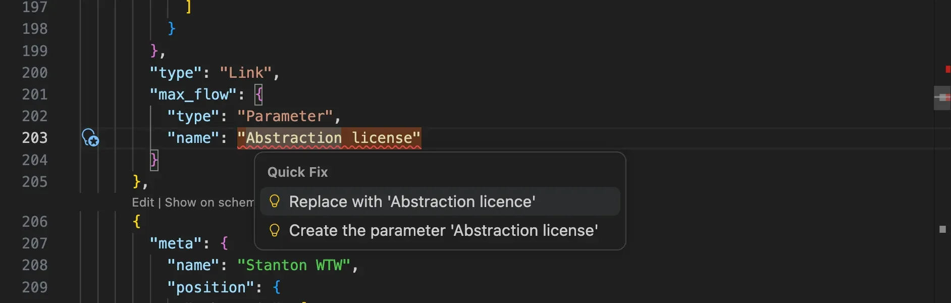 A misspelt parameter name underlined in the JSON editor, with a quick fix menu offering to replace it with the closest name or to create the parameter.