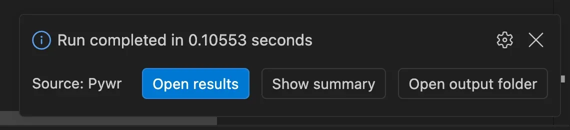The notification at the end of a run: Run completed, with the buttons Open results, Show summary and Open output folder.