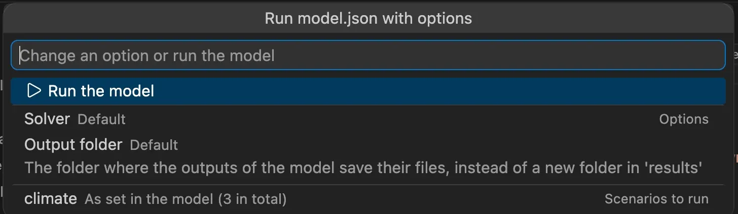The run options: Run the model, Solver, Output folder and the scenarios to run.