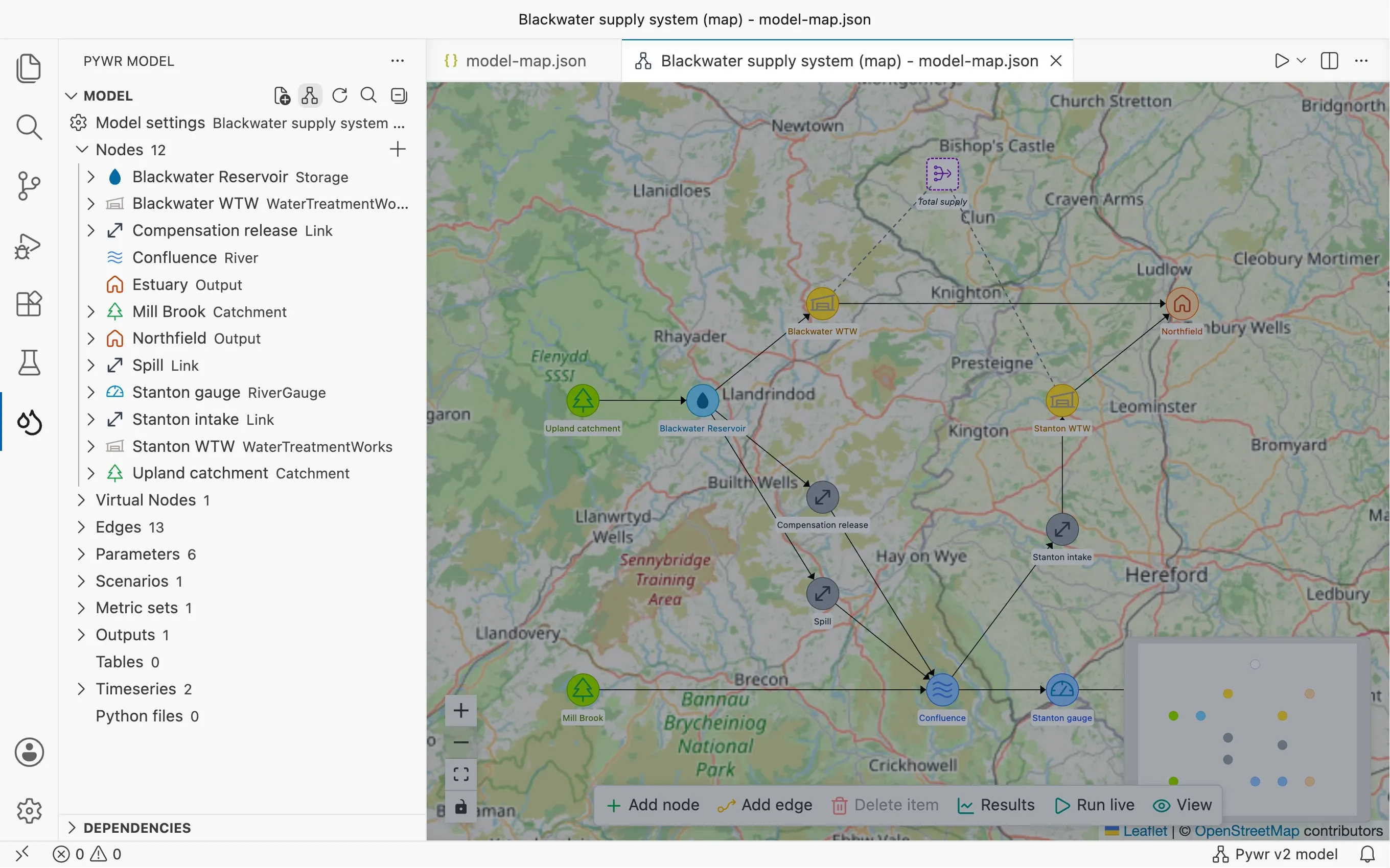 The network of a model drawn on a map in VS Code: a catchment feeds a reservoir, which supplies a town through a treatment works, next to a river with an intake.