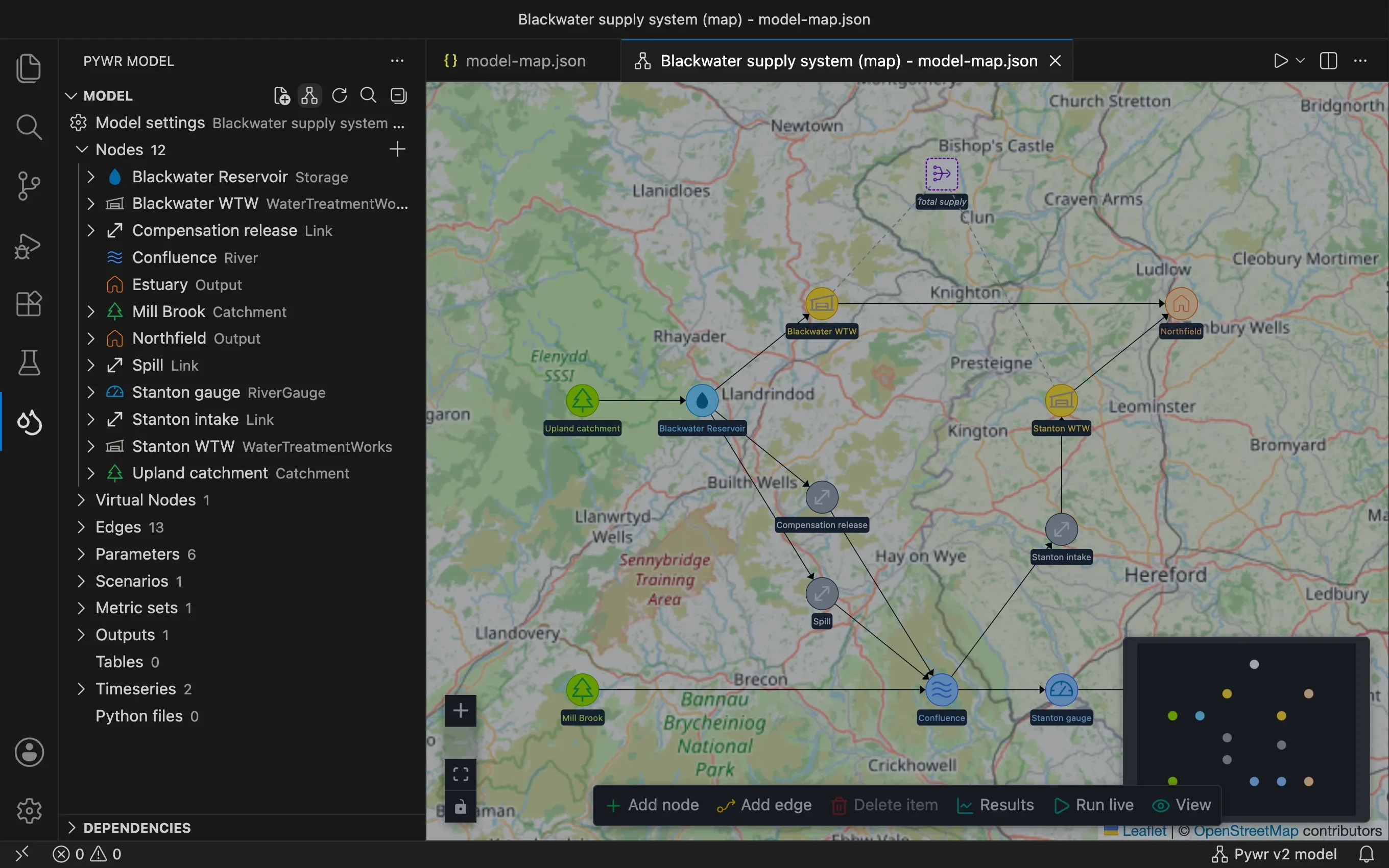 The network of a model drawn on a map in VS Code: a catchment feeds a reservoir, which supplies a town through a treatment works, next to a river with an intake.
