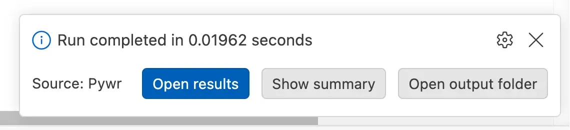 A notification saying the run completed, with the buttons Open results, Show summary and Open output folder.