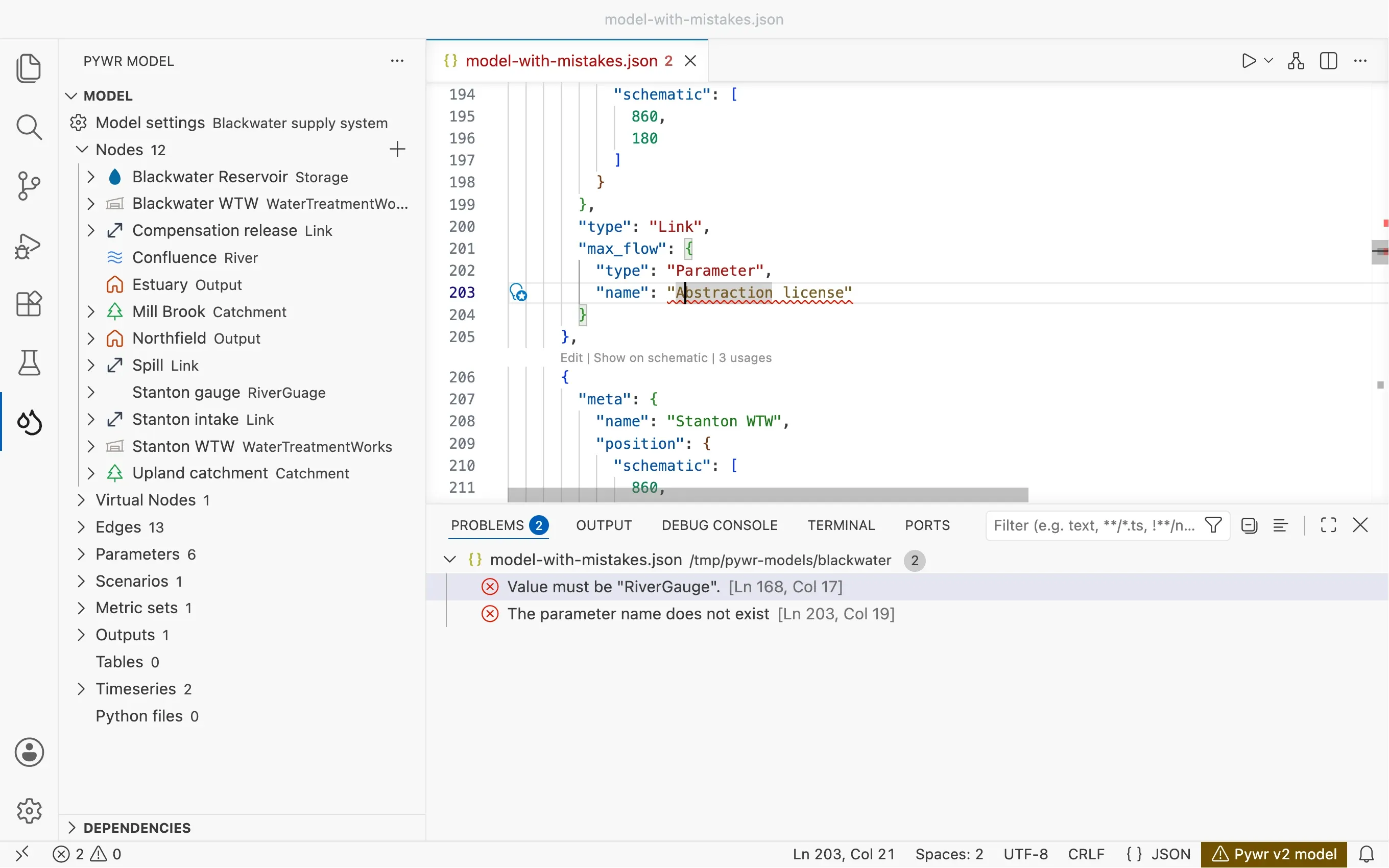A model with two mistakes: a misspelt parameter name is underlined in the editor, and the Problems panel lists a wrong node type and a parameter name that does not exist.